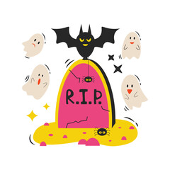Set of cartoon Halloween elements. A tombstone with a bat, ghosts and a spider.