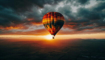 Hot air balloon flying high up in mountain landscape adventure generated by AI