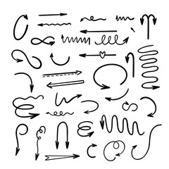 Arrows set simple hand drawn vector illustration, free form sign pointing different directions