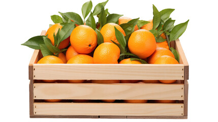 Mandarins in wooden box isolated on transparent or white background