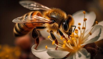 Busy honey bee collecting pollen from a yellow flower outdoors generated by AI