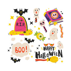 Set of cartoon Halloween elements and lettering. Happy Halloween.