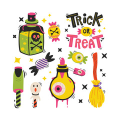 Set of cartoon Halloween elements and lettering. Trick or treat.