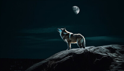 One wolf standing in the dark, howling at the moon generated by AI
