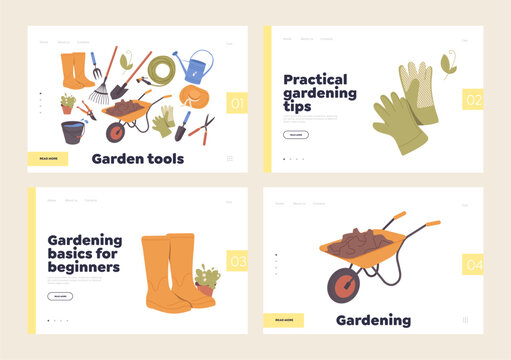 Isolated set of landing page design template with gardening tool and supply, tips and advice