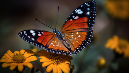 Vibrant multi colored butterfly wing in close up, beauty in nature generated by AI