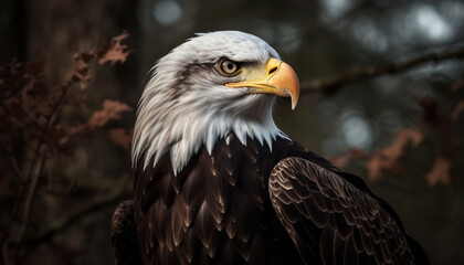 Majestic bird of prey perching on branch, symbol of freedom generated by AI
