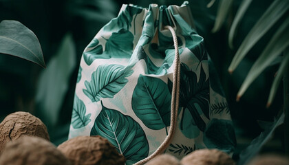 Fototapeta na wymiar Organic leaf pattern on textile bag, hanging in rustic decor generated by AI