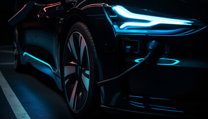 Obraz na płótnie Canvas Shiny sports car driving at night with illuminated blue headlights generated by AI
