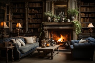 cozy cottage with a fireplace and a comfortable sofa with brown blankets