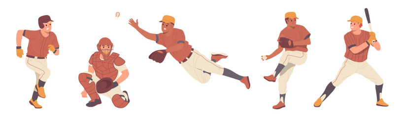 Baseball player of american sports game set male character in uniform in various playing positions
