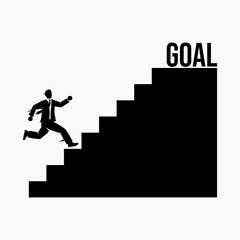 A man runs up the stairs to reach his goal.  Illustration of a businessman working hard to achieve success.