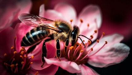 Busy honey bee pollinating a single yellow flower in springtime generated by AI