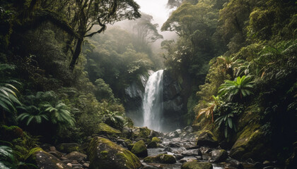 Tranquil scene of a tropical rainforest with flowing water and green foliage generated by AI