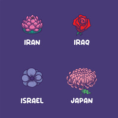 Asian national flowers for Iran, Iraq, Israel, Japan