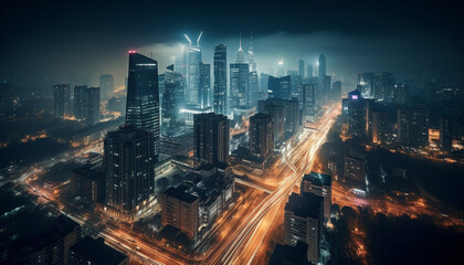 Fototapeta premium Glowing skyscrapers illuminate the modern city skyline at dusk generated by AI