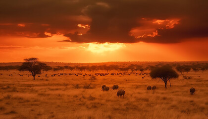 Fototapeta na wymiar African savannah animals graze in tranquil backlit wilderness meadow generated by AI