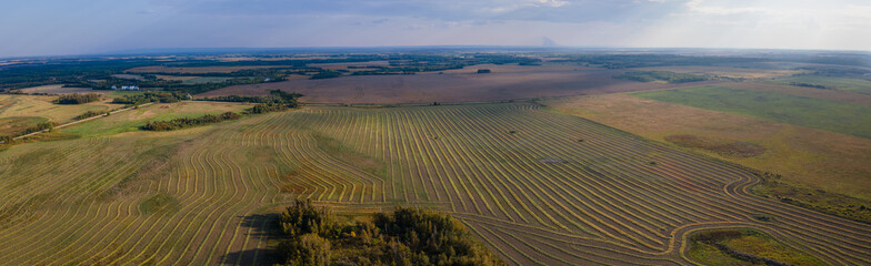 Aerial panorama high above prairie farmland in the autumn with some crops harvested. The sky has rain in the distance.
