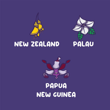 Oceania national flowers for New Zealand, Palau, Papua New Guinea