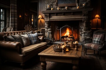 Fototapeta na wymiar cozy cottage with a fireplace and a comfortable sofa with brown blankets