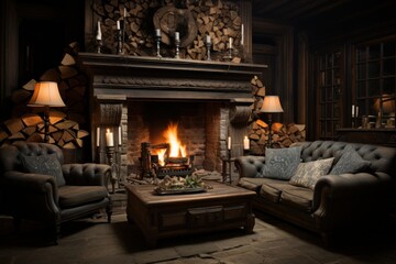 cozy cottage with a fireplace and a comfortable sofa with brown blankets