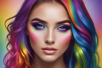 rainbow makeup and hairstyle on a close-up portrait of a young woman