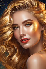 portrait of a blonde with golden hair and golden holiday makeup