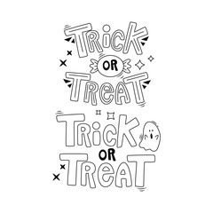 Set of cartoon Halloween elements and lettering. Trick or treat. Line art.