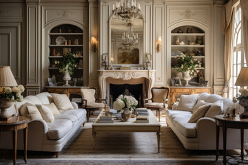 Fototapeta na wymiar Elegant French Provincial Living Room Interior with Vintage Charm and Timeless Beauty