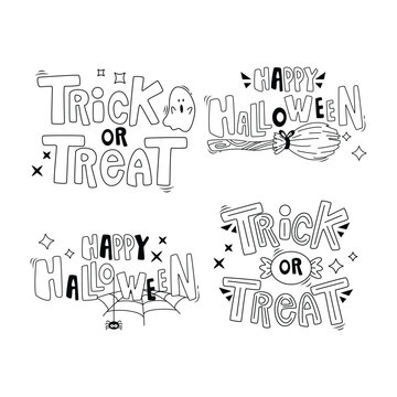 Set of cartoon Halloween elements and lettering. Happy Halloween. Trick or treat. Line art.