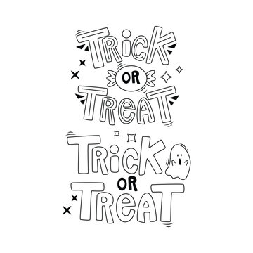 Set of cartoon Halloween elements and lettering. Trick or treat. Line art.
