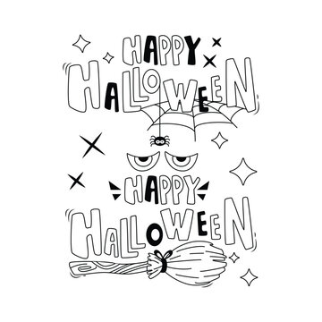 Set of cartoon Halloween elements and lettering. Happy Halloween. Line art.