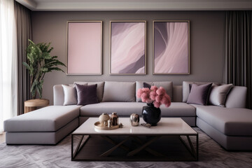 Elegant Mauve Haven - A Sophisticated Modern Living Room with Lavish Mauve Accents and Contemporary Design