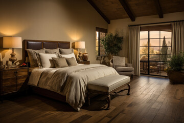 Elegant Tuscan-inspired bedroom with warm earthy tones, rustic wooden furniture, and soft ambient lighting creating a cozy retreat