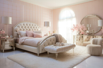 Elegant Vintage Glam Bedroom with Luxurious Accents and Soft Ambient Lighting