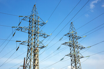 power line support with wires for electricity transmission. High voltage grid tower with wire cable...