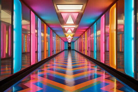 Step into a mesmerizing retro-futurism style hallway interior adorned with vibrant colors and sleek designs