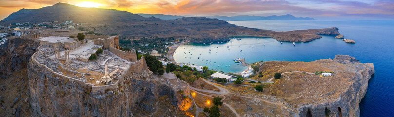 Panoramic view of Lindos village and Acropolis, Rhodes, Greece
