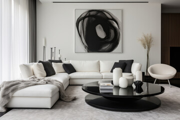 A Modern and Chic Living Room Interior in a Striking White and Black Color Scheme