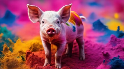 Portrait of a piglet standing on the ground in holi colors on a colored background