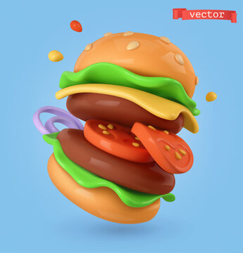Hamburger, 3d cartoon vector icon. Separated layers in the air