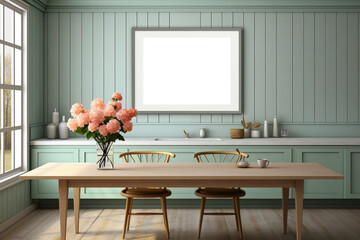 Empty wooden picture frame mockup hanging on pastel wall in a dinning-room in the kitchen. Rural interior.