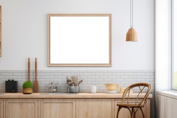Empty wooden picture frame mockup hanging on pastel wall in a cafe or kitchen with wooden counter top. Working space, home office. Modern interior.