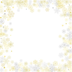 Obraz premium Gold snowflakes frame on white background. New year theme. Stylish shiny Christmas frame for holiday banner, card, sales, special offers. Falling snow with gold snowflakes and glitter for party invite