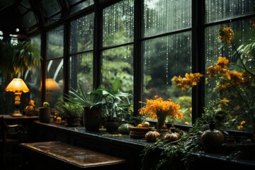 cozy indoor stay on a rainy day with water pounding at the window