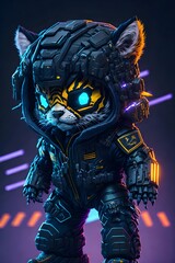 adorable tiger with futuristic mercenary suit with neon style - obrazy, fototapety, plakaty