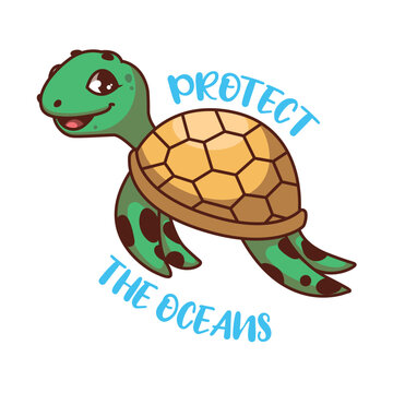 Illustration of a turtle with text reading protect the oceans