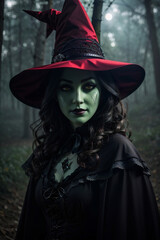 sexy portrait of  a halloween witch with a green face