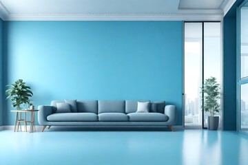 empty living room with blue tones wall