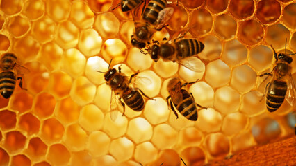 Closeup of honey bees on wax honeycomb with hexagonal cells for apiary and beekeeping concept...
